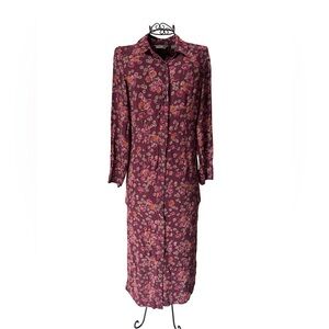 VTG 90s Eddie Bauer Boho Burgundy Floral Button Down Midi Dress Long-Sleeved. S